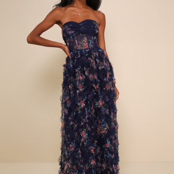 Lulus Stunning Element Navy Floral Mesh Ruffled Strapless Maxi Dress Blue - Picture 1 of 1